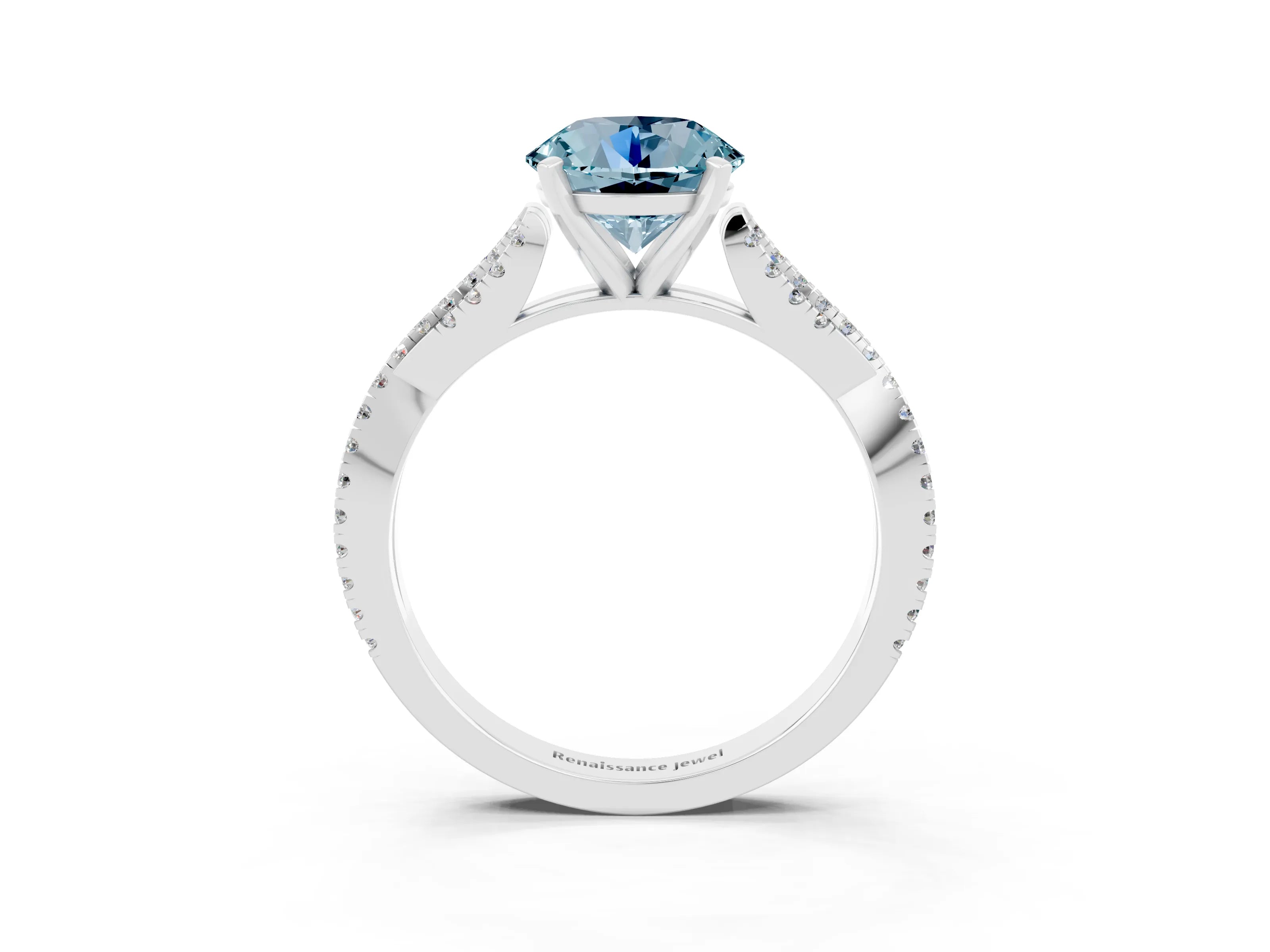 White gold Round Cut Aquamarine Solitaire Engagement Ring with Twisted Pavé Band and Four-Prong Setting_15