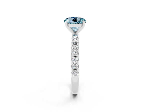 Platinum Round Cut Aquamarine Solitaire Pavé Band with Four-Prong Setting