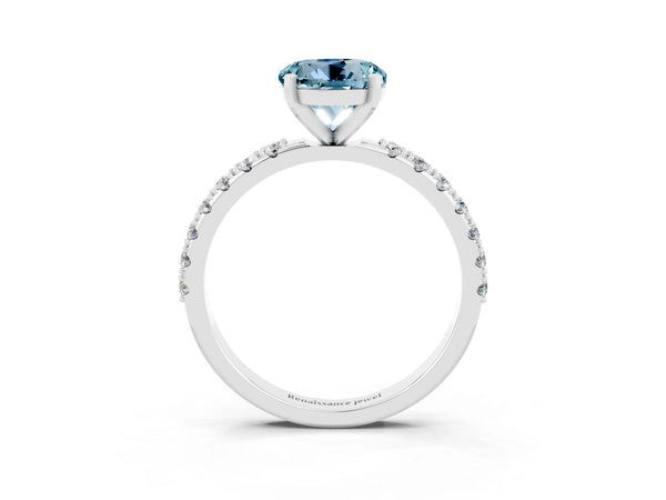 Platinum Round Cut Aquamarine Solitaire Pavé Band with Four-Prong Setting