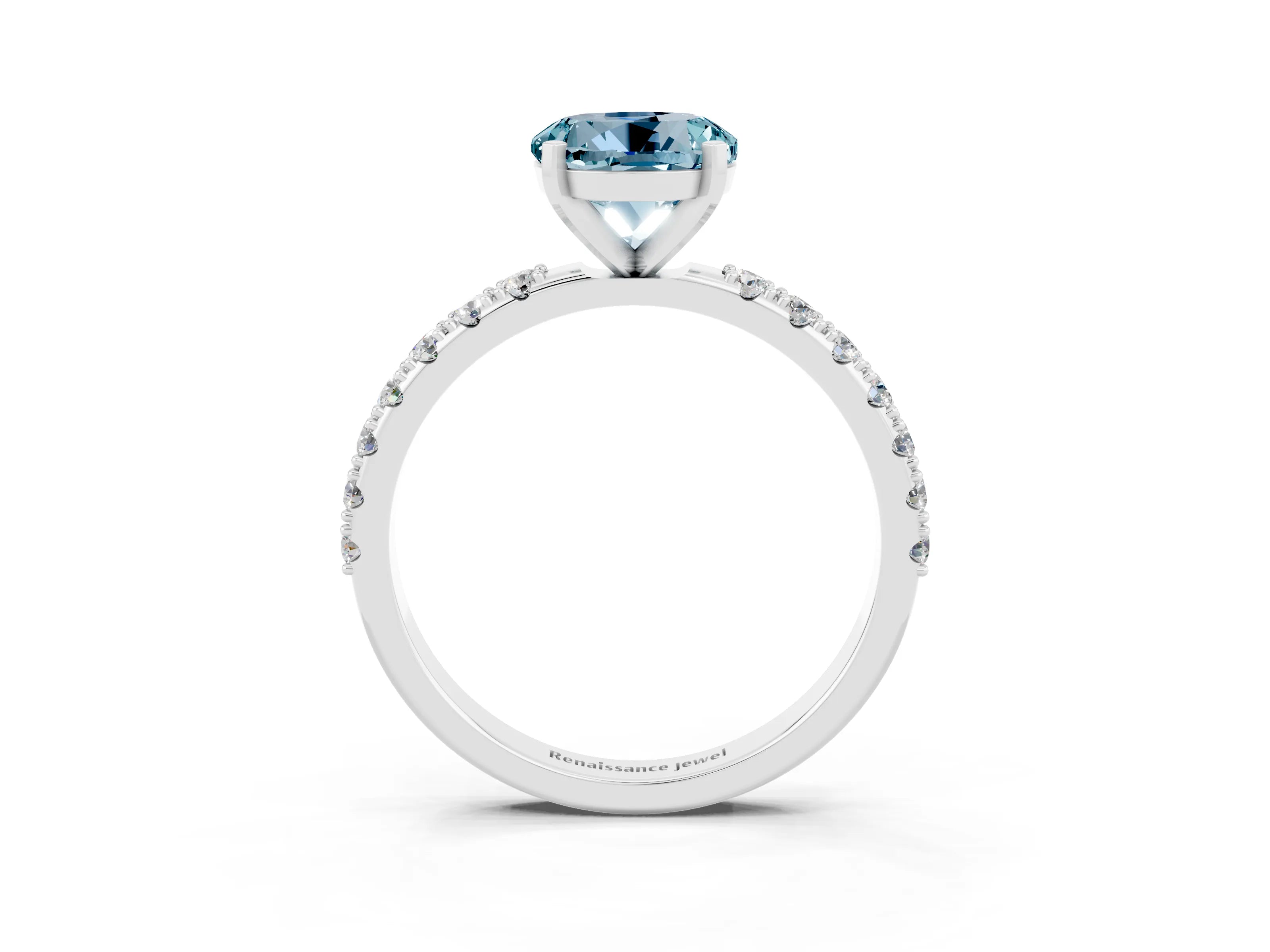 White gold Round Cut Aquamarine Solitaire Pavé Band with Four-Prong Setting_3