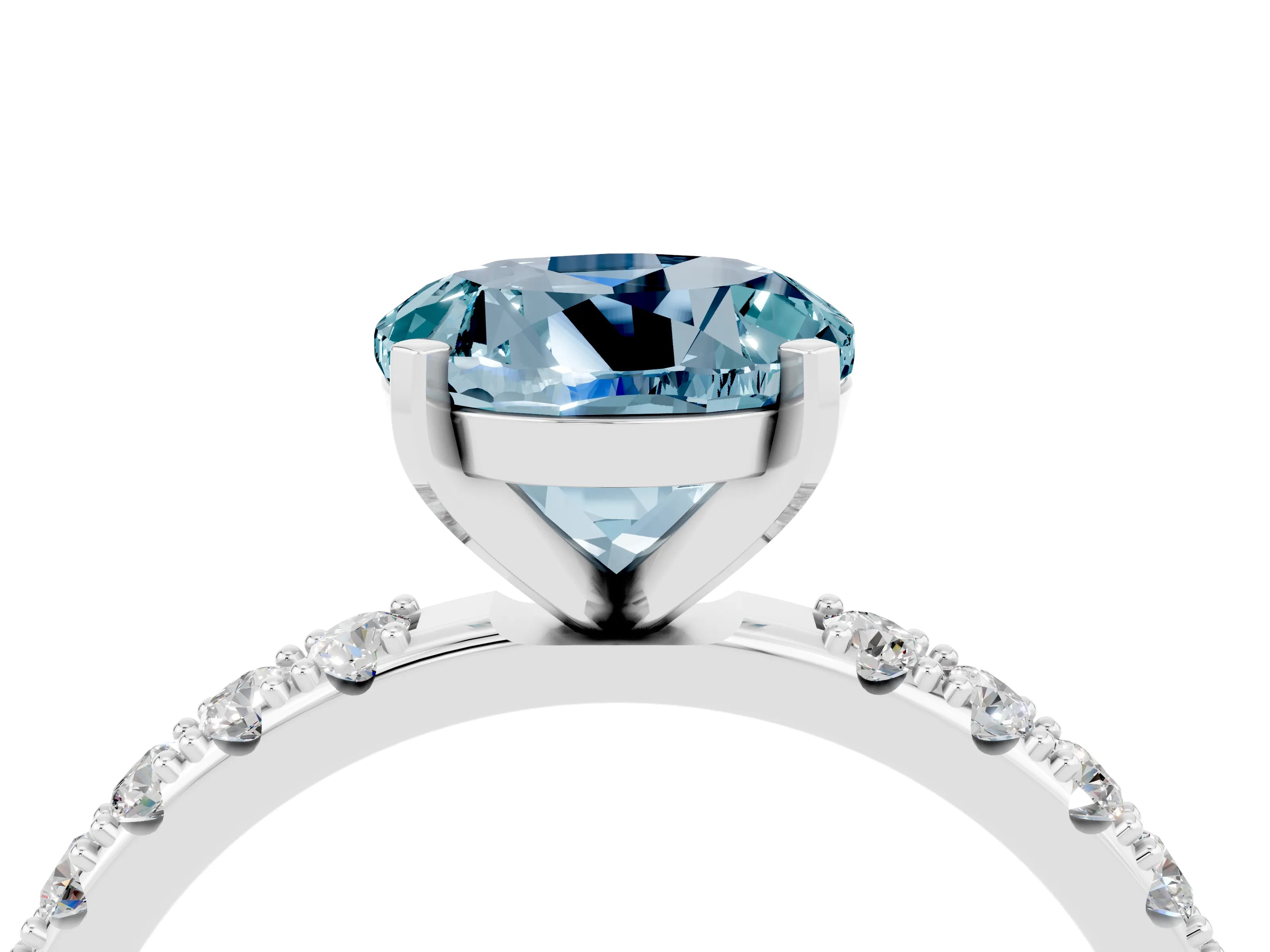White gold Round Cut Aquamarine Solitaire Pavé Band with Four-Prong Setting_4
