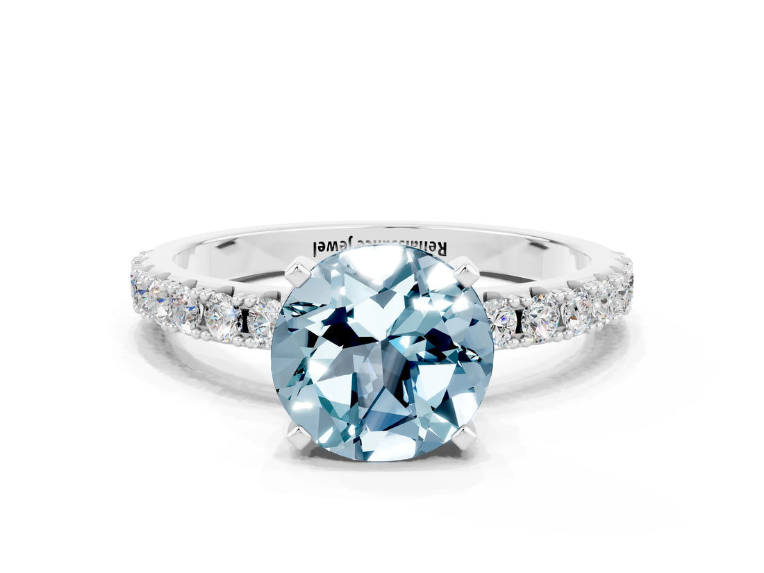 White gold Round Cut Aquamarine Solitaire Pavé Band with Four-Prong Setting