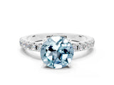 White gold Round Cut Aquamarine Solitaire Pavé Band with Four-Prong Setting