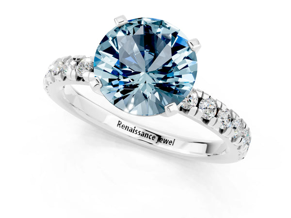 Silver Round Cut Aquamarine Solitaire Pavé Engagement Ring with Round Band and Prong Setting