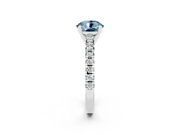 Silver Round Cut Aquamarine Solitaire Pavé Engagement Ring with Round Band and Prong Setting