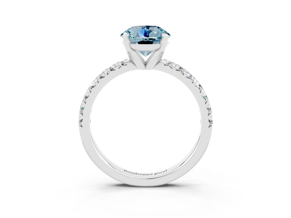 Silver Round Cut Aquamarine Solitaire Pavé Engagement Ring with Round Band and Prong Setting