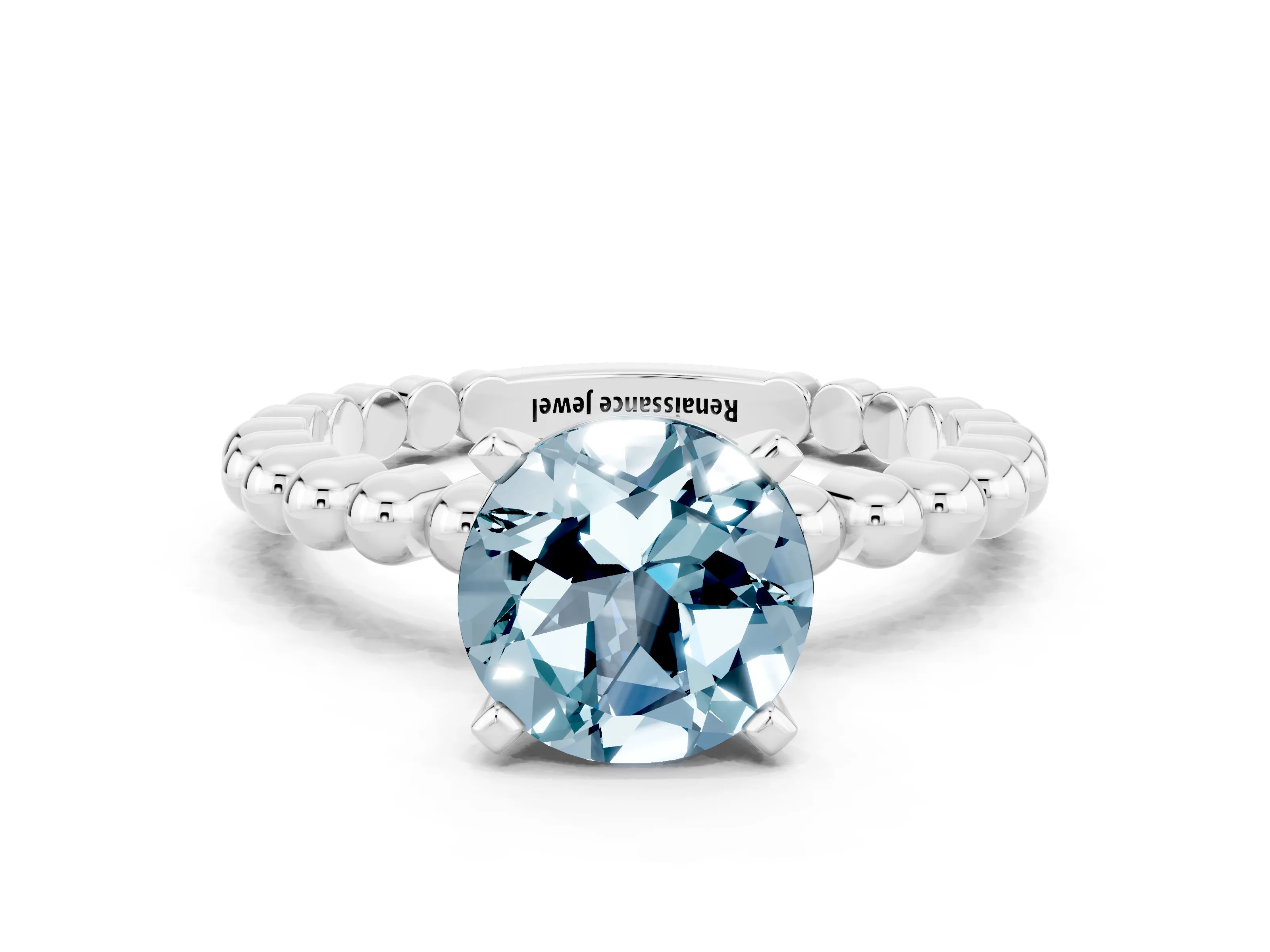 White gold Round Cut Aquamarine Solitaire Ring with Beaded Band and Prong Setting