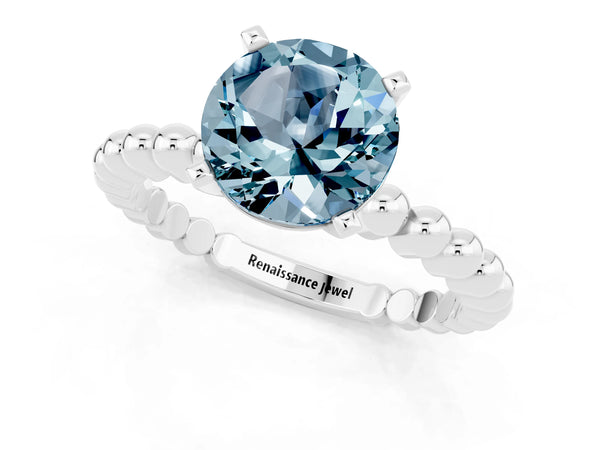 Platinum Round Cut Aquamarine Solitaire Ring with Beaded Band and Prong Setting