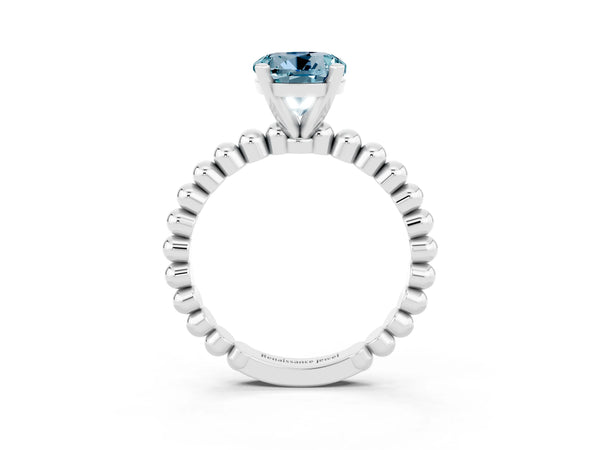 White gold Round Cut Aquamarine Solitaire Ring with Beaded Band and Prong Setting