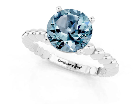 White gold Round Cut Aquamarine Solitaire Ring with Beaded Band and Prong Setting_1