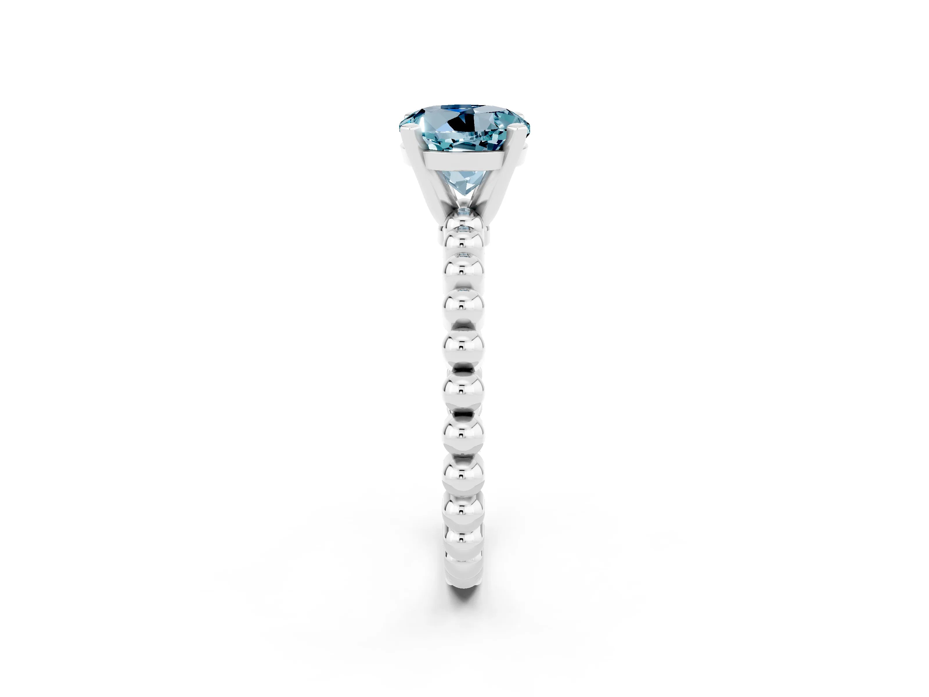 White gold Round Cut Aquamarine Solitaire Ring with Beaded Band and Prong Setting_2