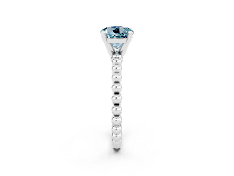 White gold Round Cut Aquamarine Solitaire Ring with Beaded Band and Prong Setting_2