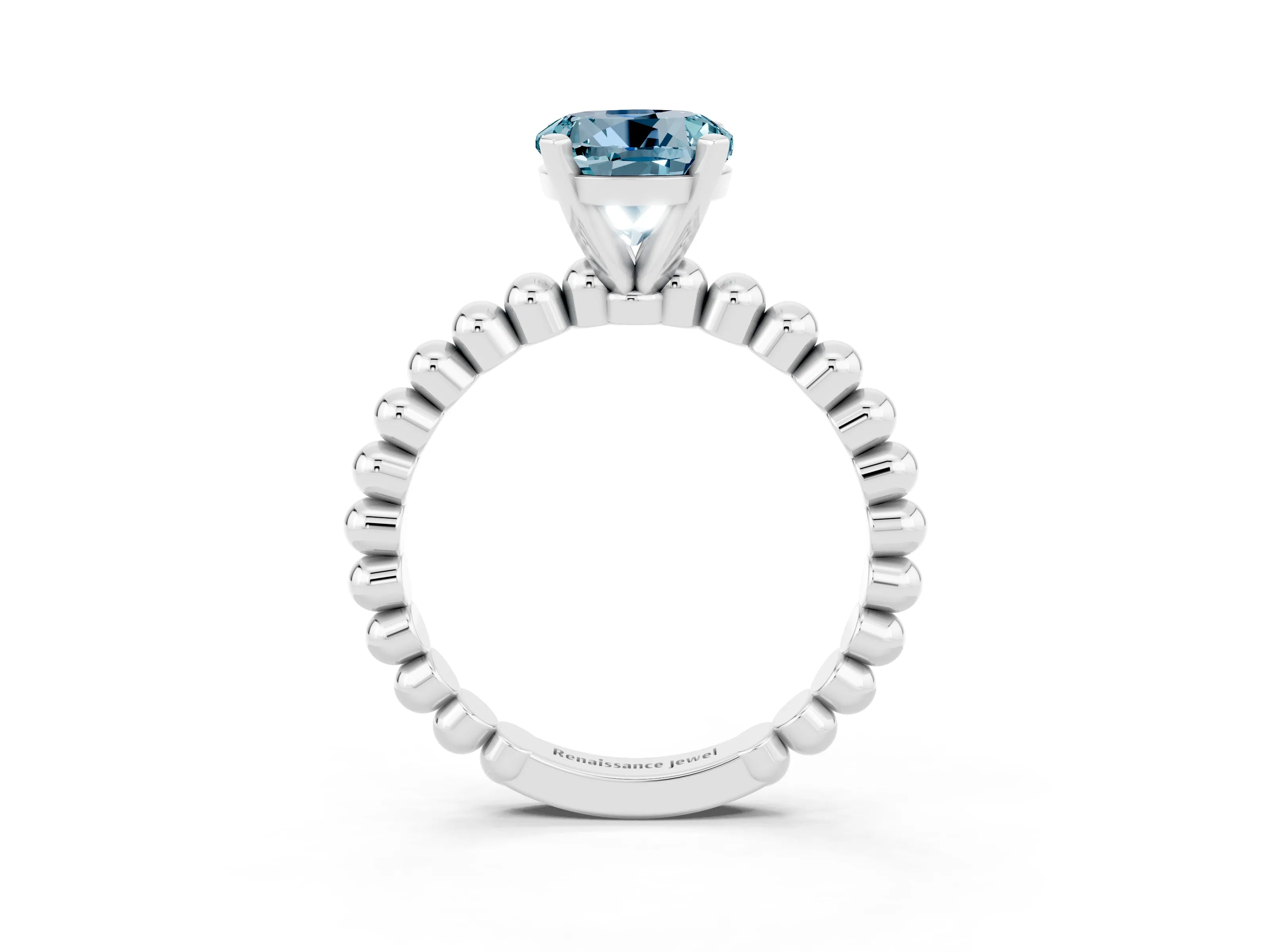 White gold Round Cut Aquamarine Solitaire Ring with Beaded Band and Prong Setting_3