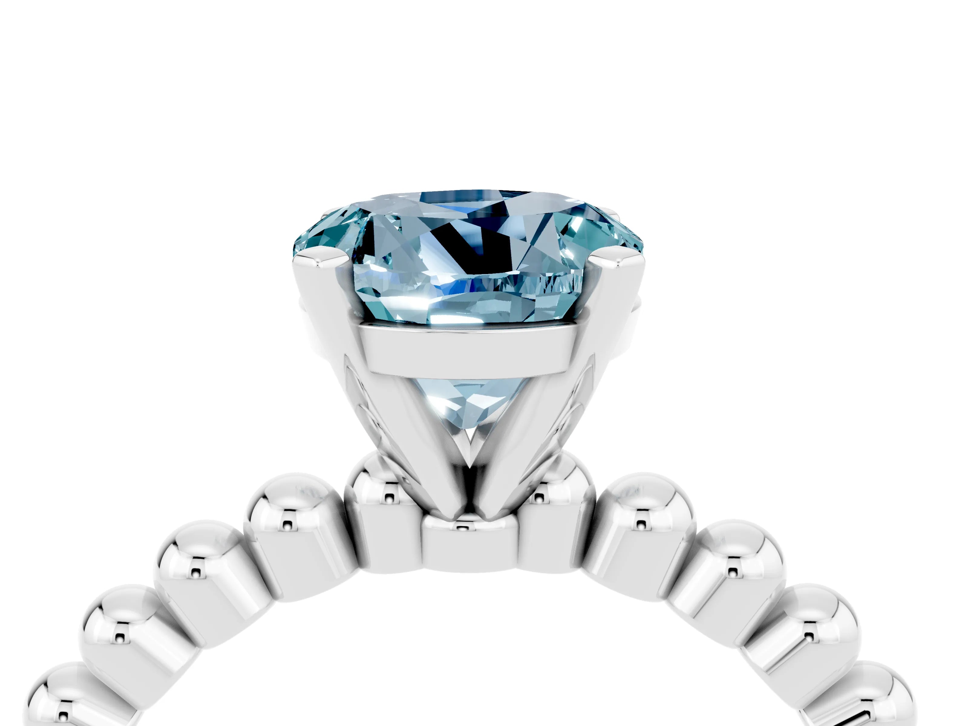 White gold Round Cut Aquamarine Solitaire Ring with Beaded Band and Prong Setting_4