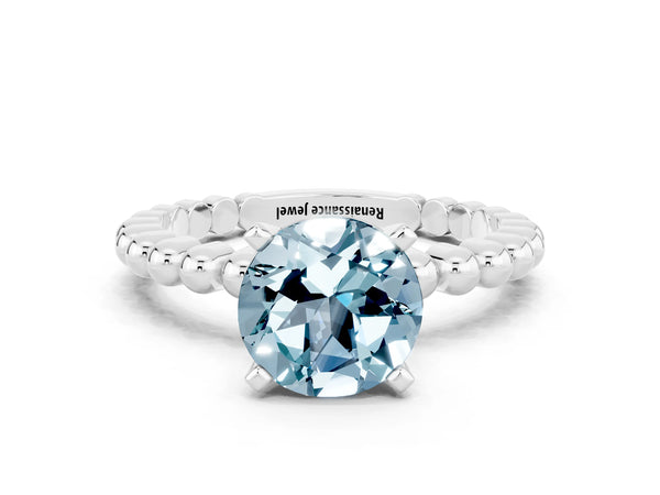 Silver Round Cut Aquamarine Solitaire Ring with Beaded Band and Prong Setting