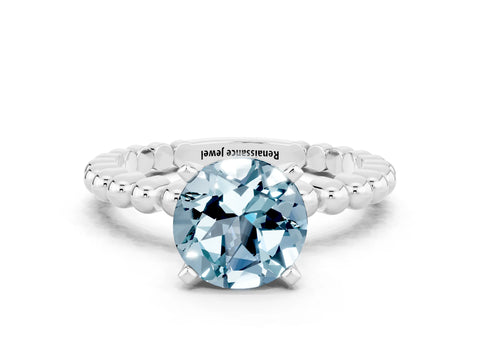 White gold Round Cut Aquamarine Solitaire Ring with Beaded Band and Prong Setting