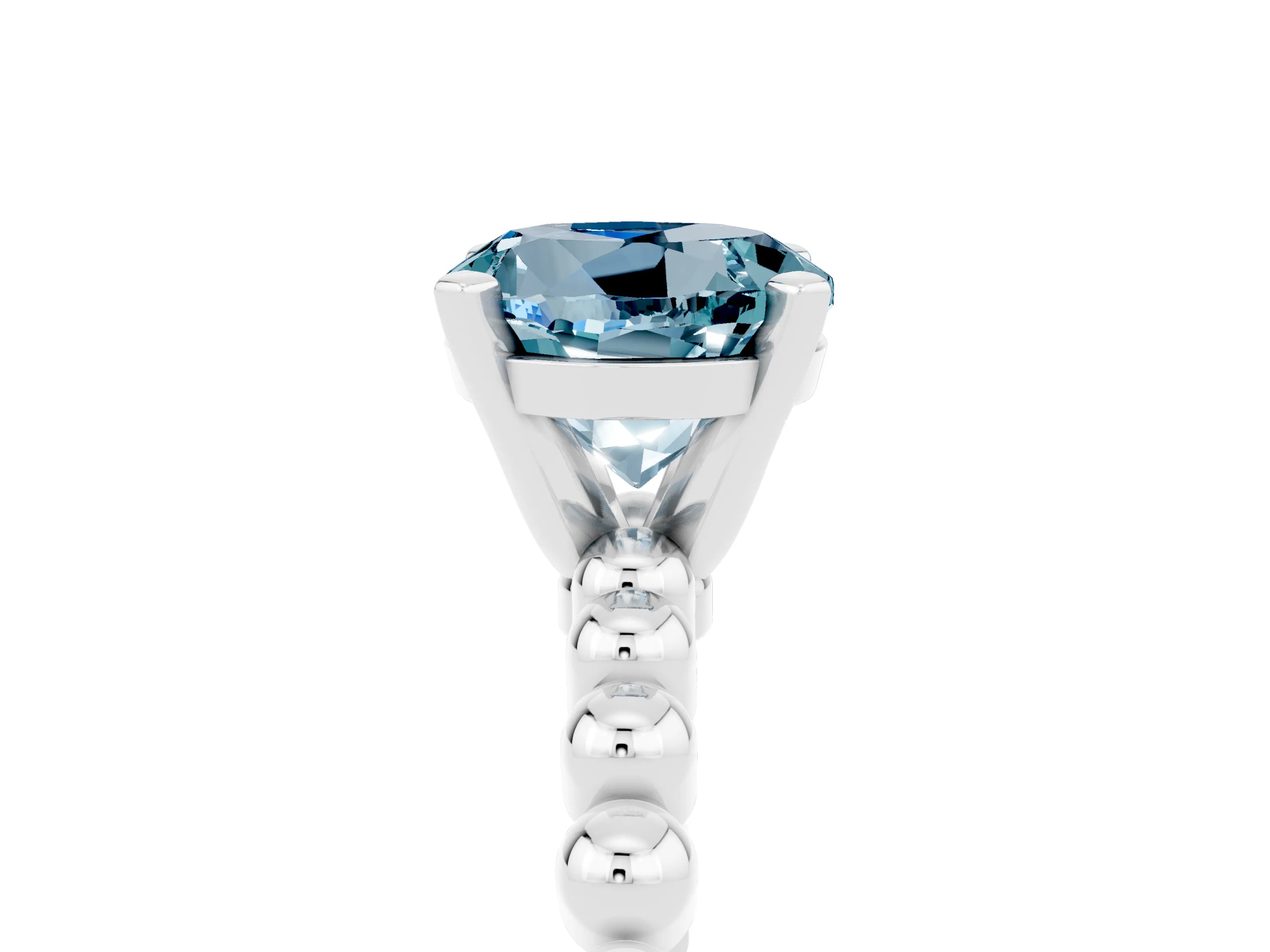 White gold Round Cut Aquamarine Solitaire Ring with Beaded Band and Prong Setting_5