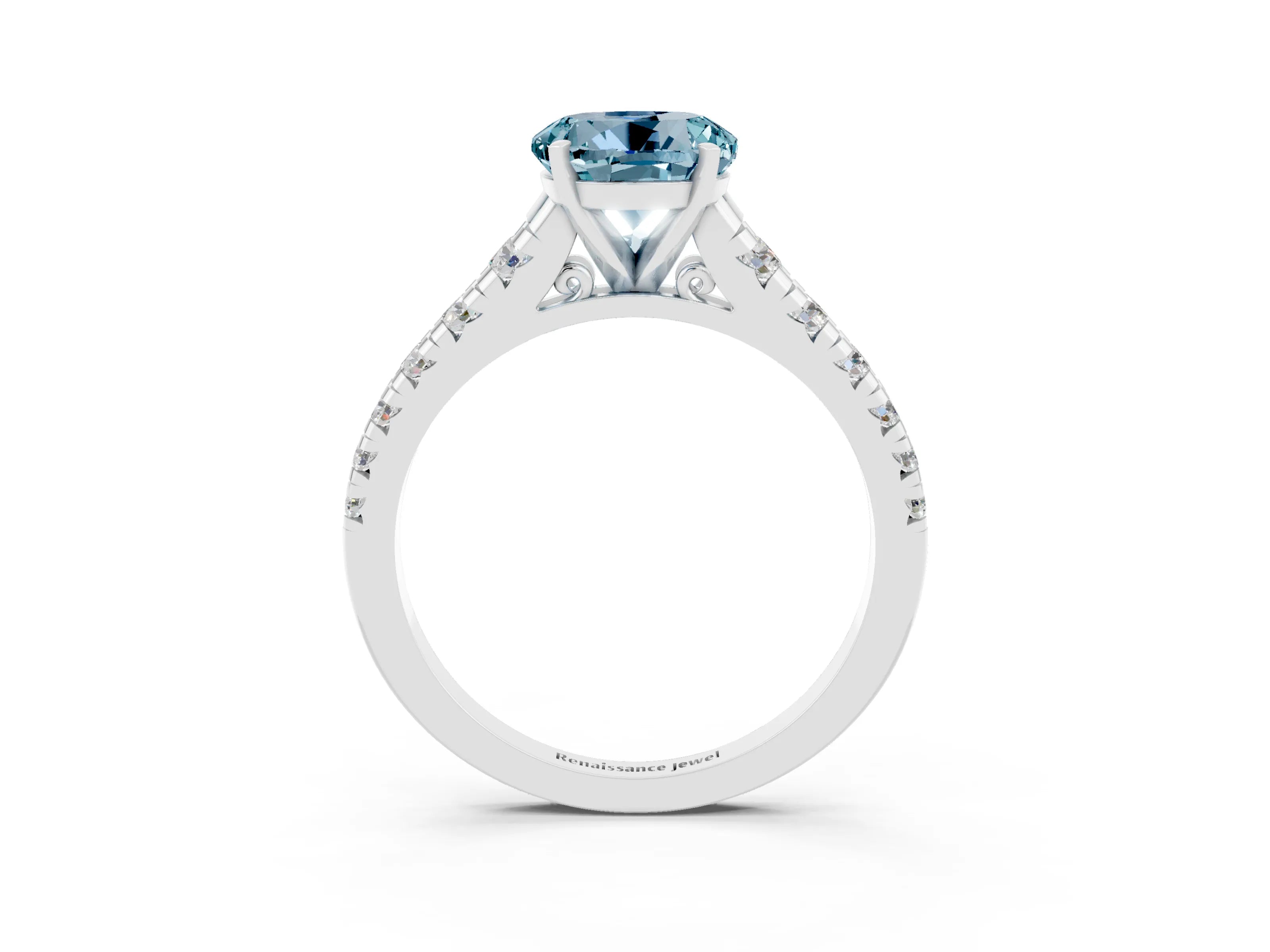 White gold Round Cut Aquamarine Solitaire Ring with Cathedral Setting and Pavé Band_3