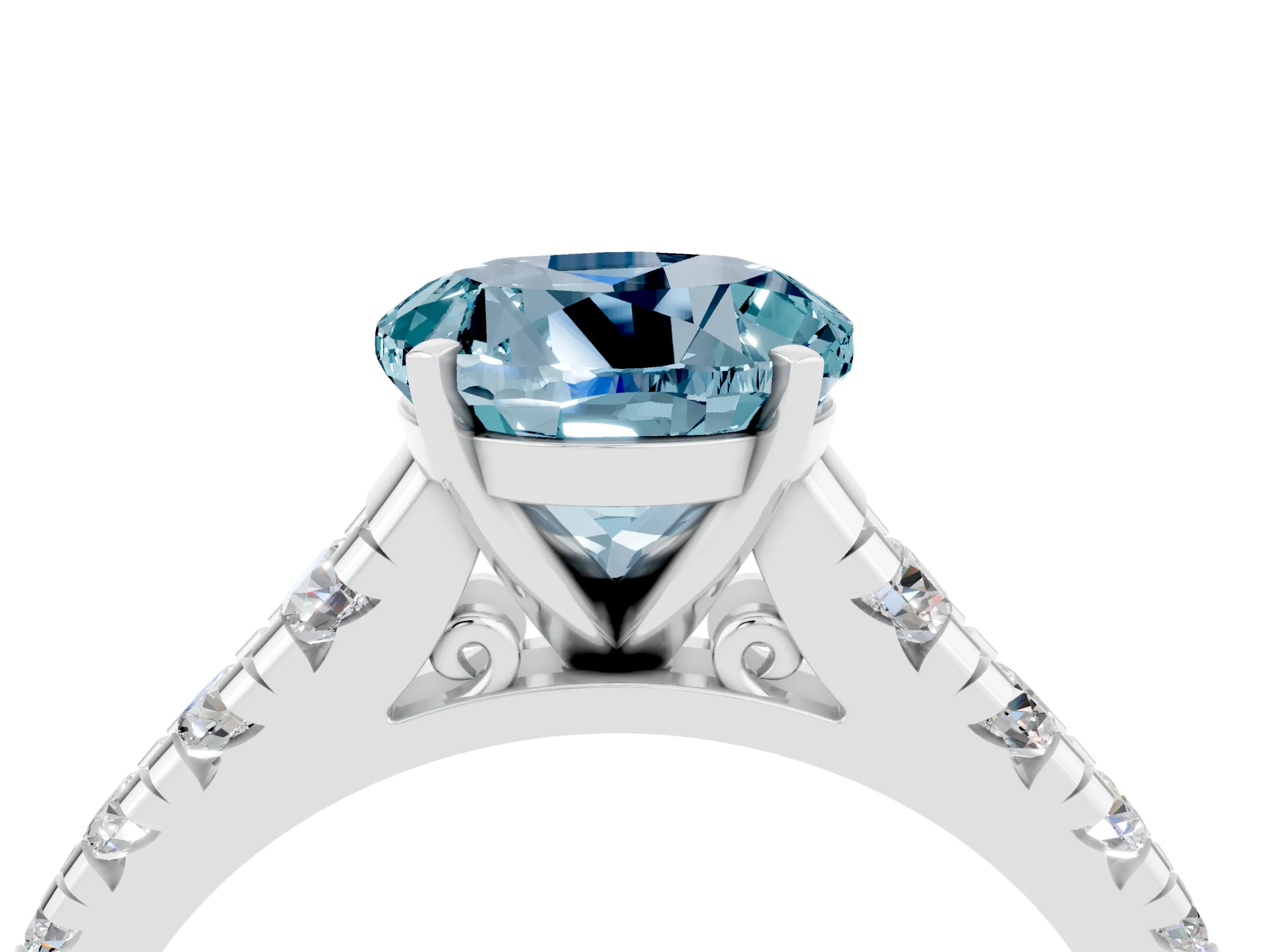 White gold Round Cut Aquamarine Solitaire Ring with Cathedral Setting and Pavé Band_4