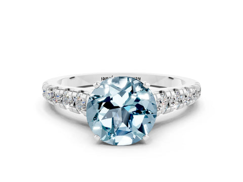 White gold Round Cut Aquamarine Solitaire Ring with Cathedral Setting and Pavé Band