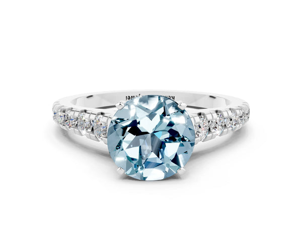 White gold Round Cut Aquamarine Cathedral Solitaire Ring with Round  Pavé Band