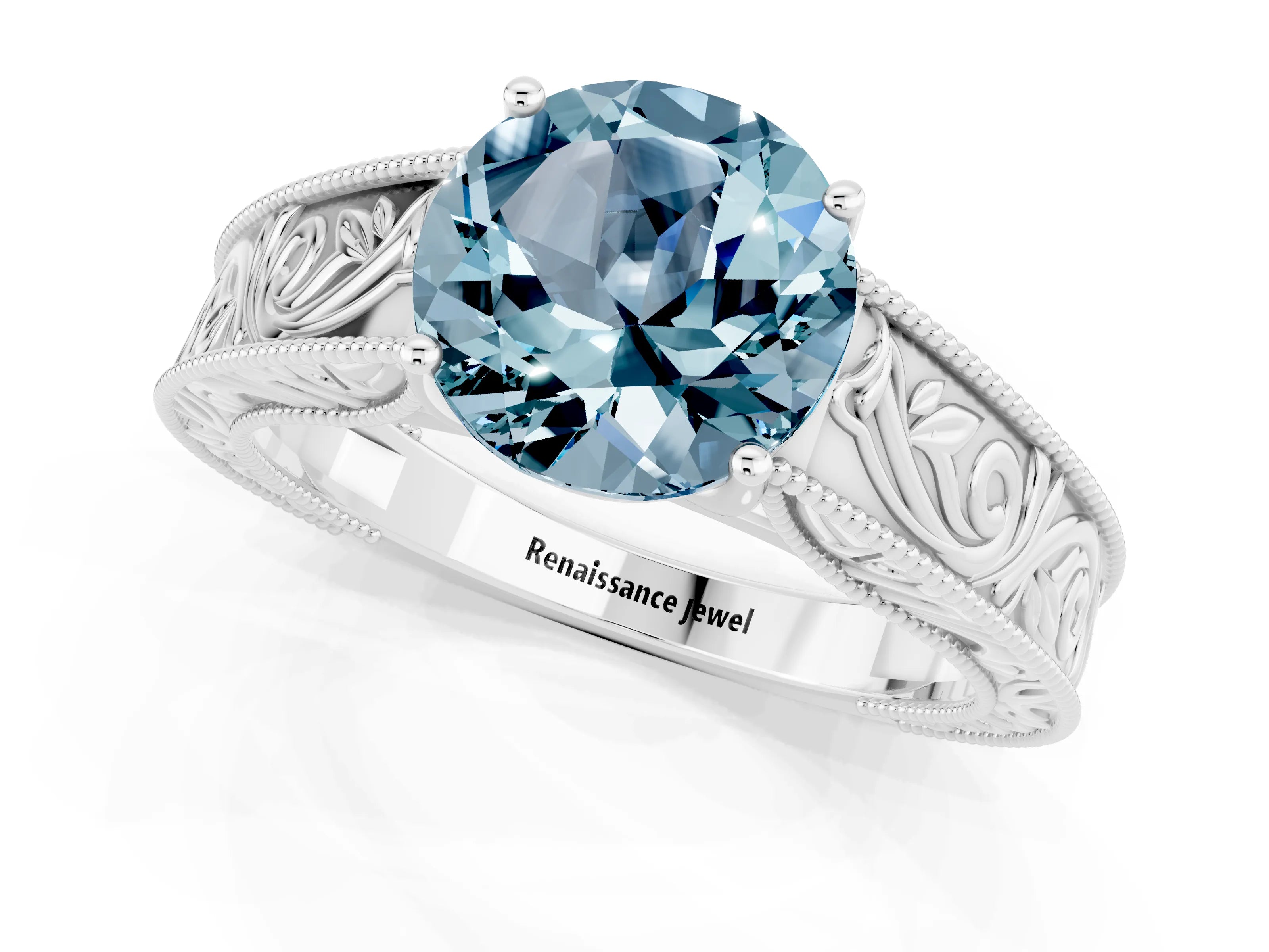 White gold Round Cut Aquamarine Solitaire Ring with Engraved Band and Four-Prong Setting_1