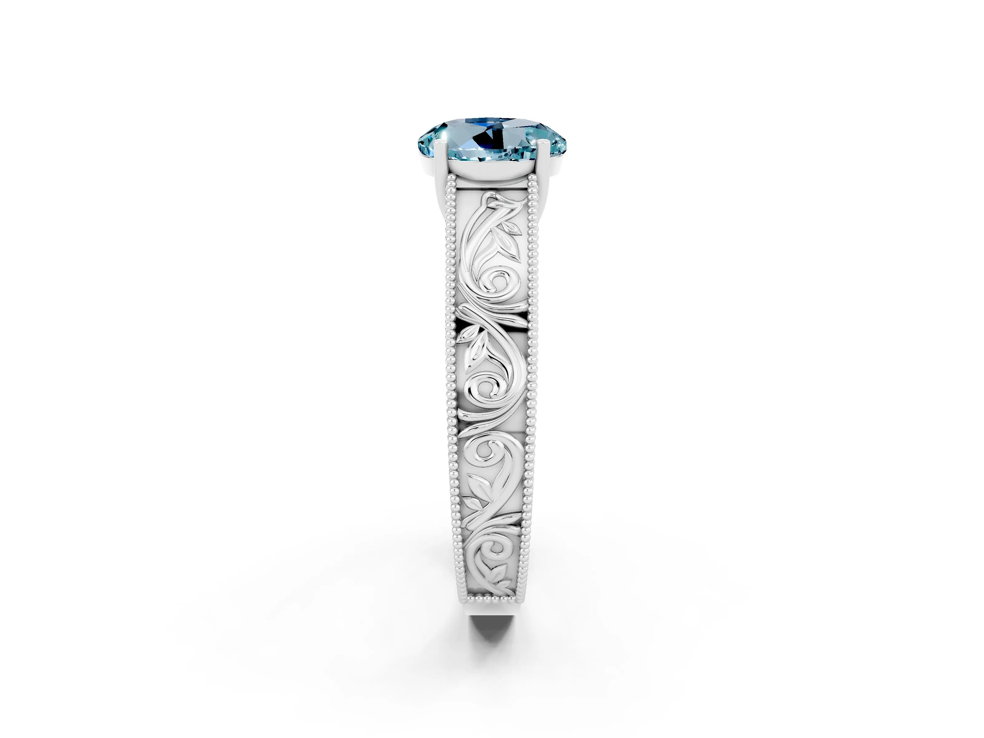 White gold Round Cut Aquamarine Solitaire Ring with Engraved Band and Four-Prong Setting_2