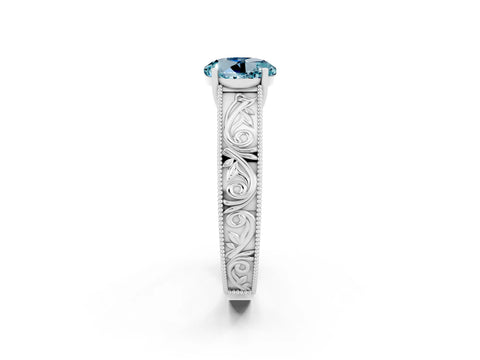 White gold Round Cut Aquamarine Solitaire Ring with Engraved Band and Four-Prong Setting_2