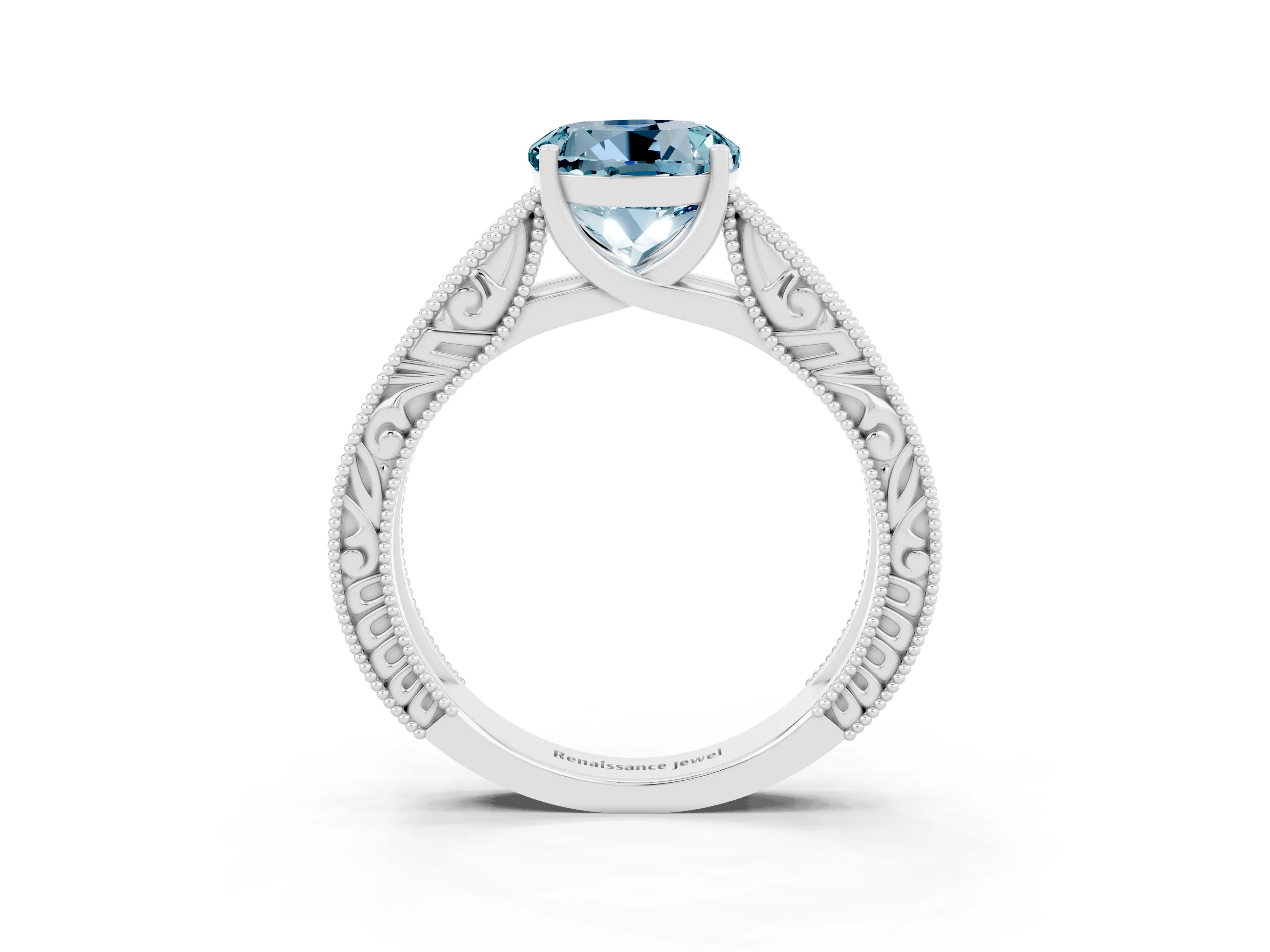White gold Round Cut Aquamarine Solitaire Ring with Engraved Band and Four-Prong Setting_3