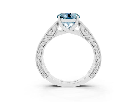 White gold Round Cut Aquamarine Solitaire Ring with Engraved Band and Four-Prong Setting_3