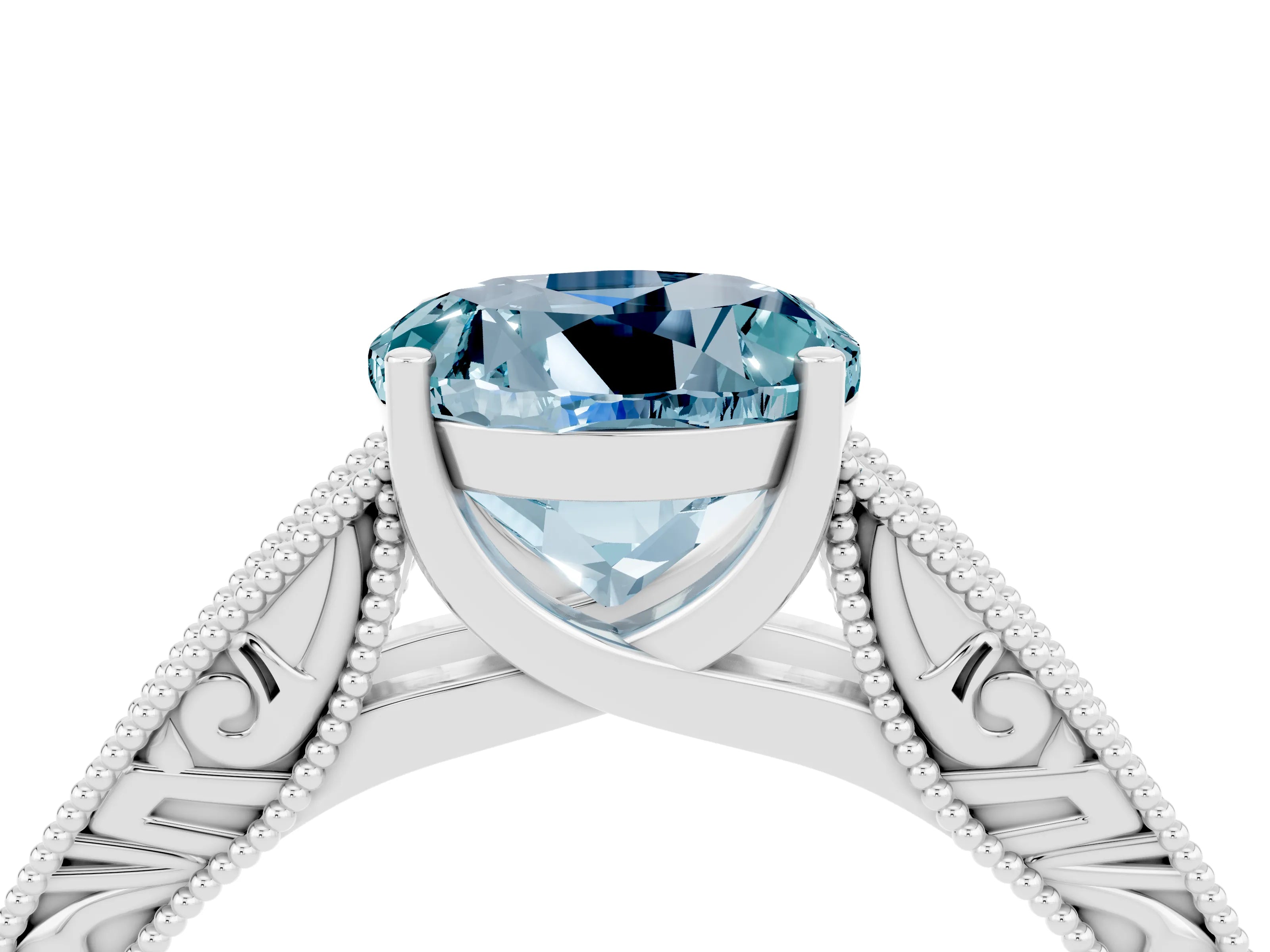 White gold Round Cut Aquamarine Solitaire Ring with Engraved Band and Four-Prong Setting_4