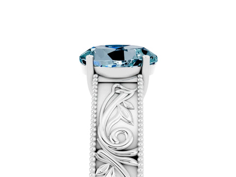 White gold Round Cut Aquamarine Solitaire Ring with Engraved Band and Four-Prong Setting_5