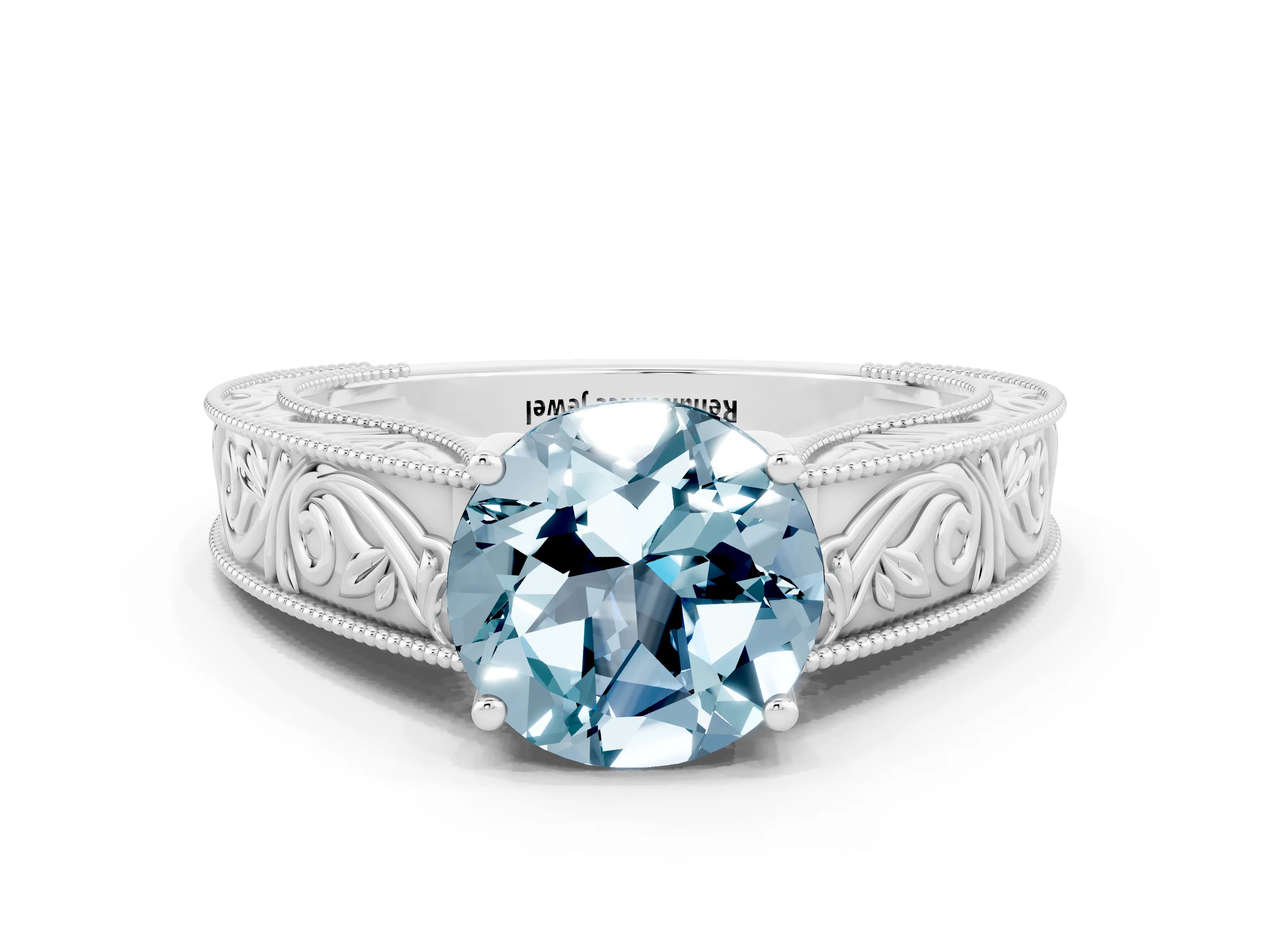 White gold Round Cut Aquamarine Solitaire Ring with Engraved Band and Four-Prong Setting
