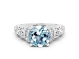 White gold Round Cut Aquamarine Solitaire Ring with Filigree Band and Four-Prong Setting_24