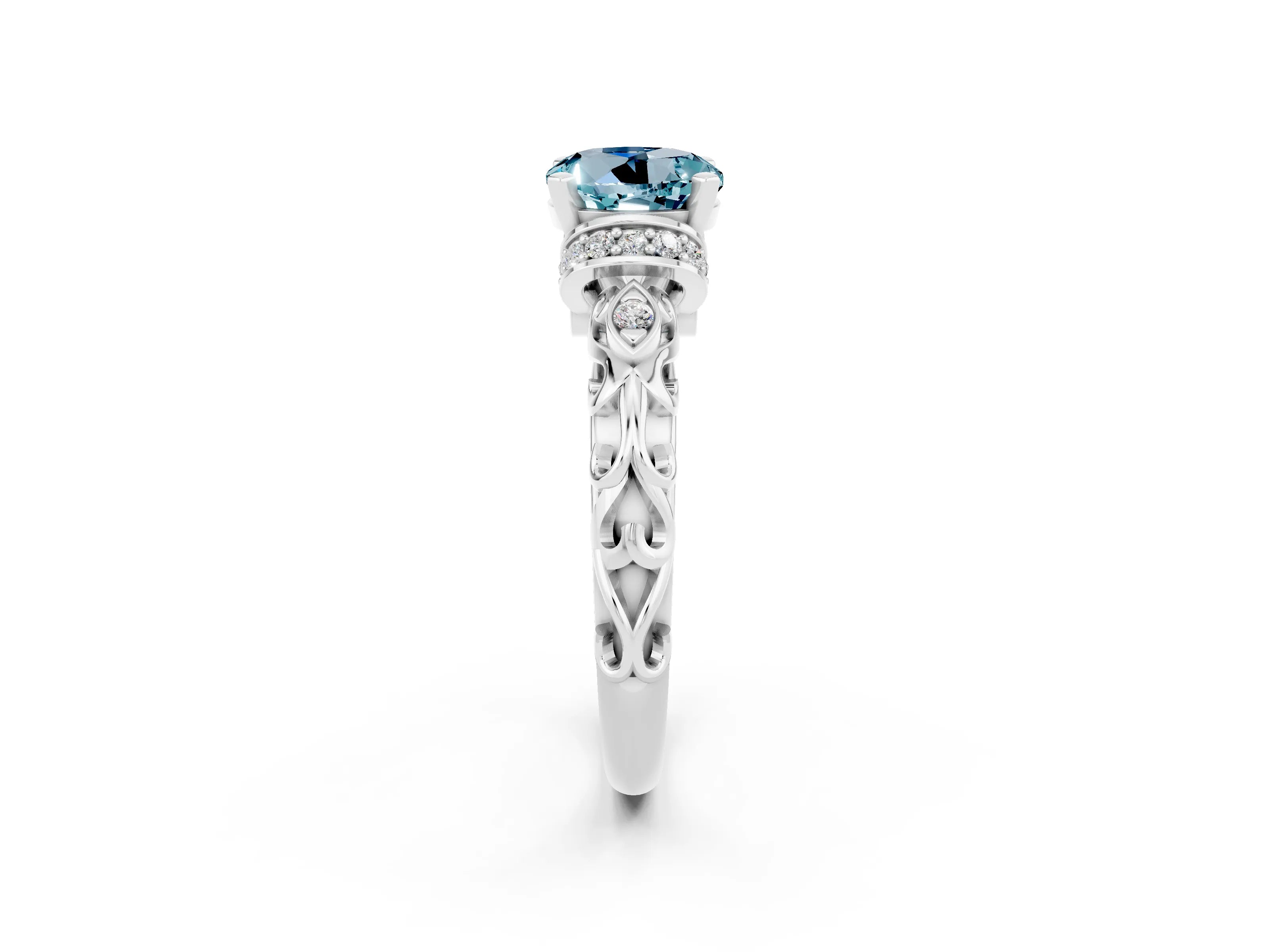 White gold Round Cut Aquamarine Solitaire Ring with Filigree Band and Four-Prong Setting_26