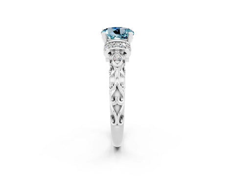White gold Round Cut Aquamarine Solitaire Ring with Filigree Band and Four-Prong Setting_26