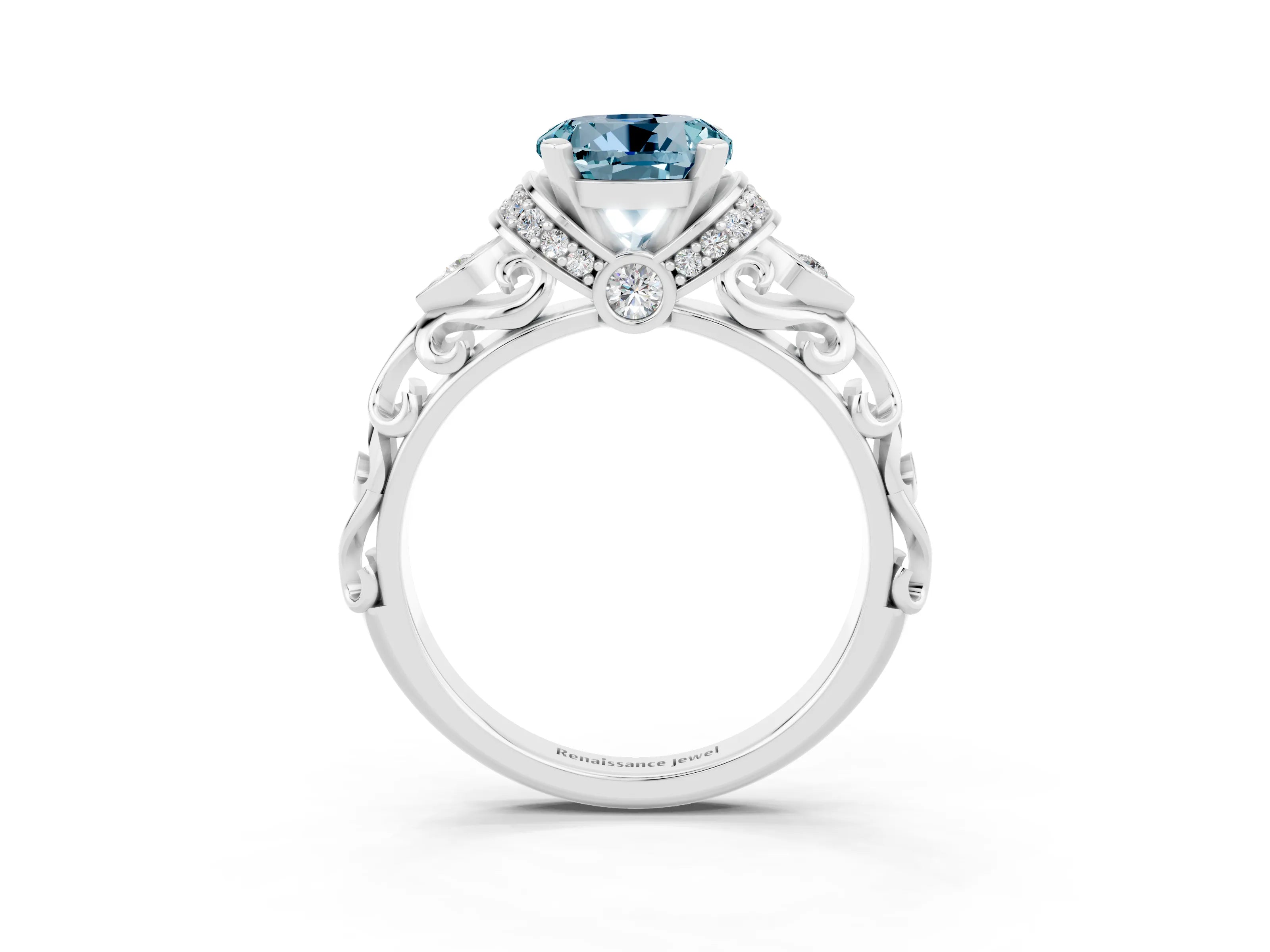 White gold Round Cut Aquamarine Solitaire Ring with Filigree Band and Four-Prong Setting_27