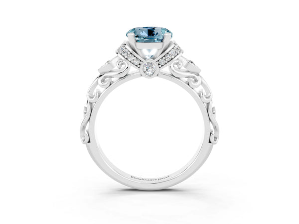 White gold Round Cut Aquamarine Solitaire Ring with Filigree Band and Four-Prong Setting