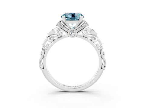 White gold Round Cut Aquamarine Solitaire Ring with Filigree Band and Four-Prong Setting_27