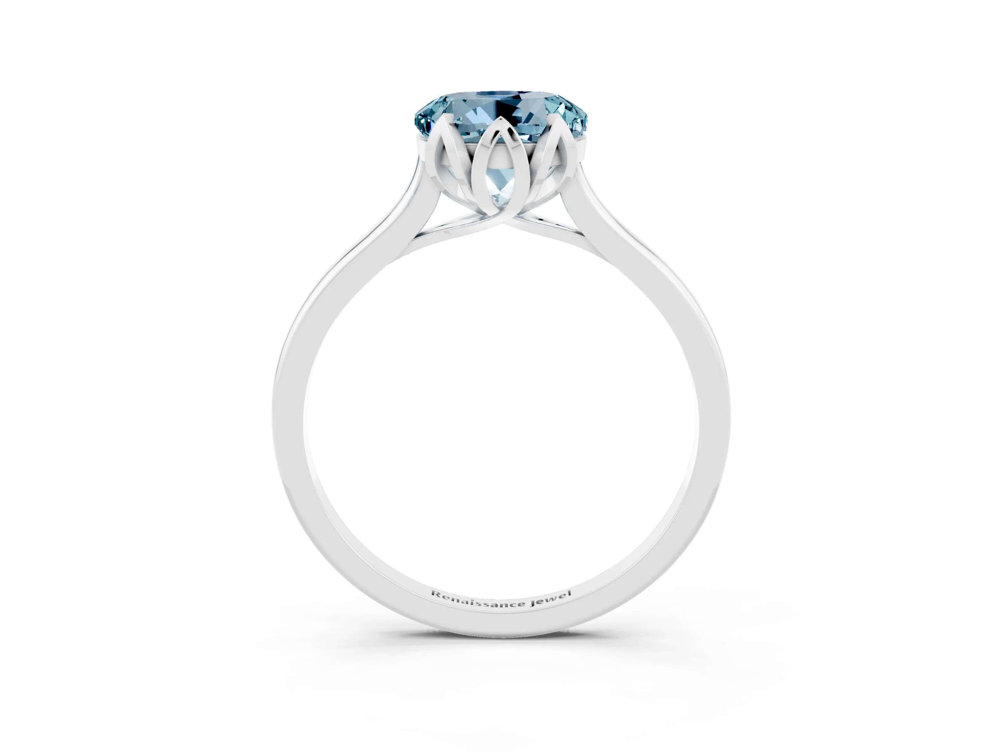 White gold Round Cut Aquamarine Solitaire Ring with Flower Prong Setting and Classic Band_15