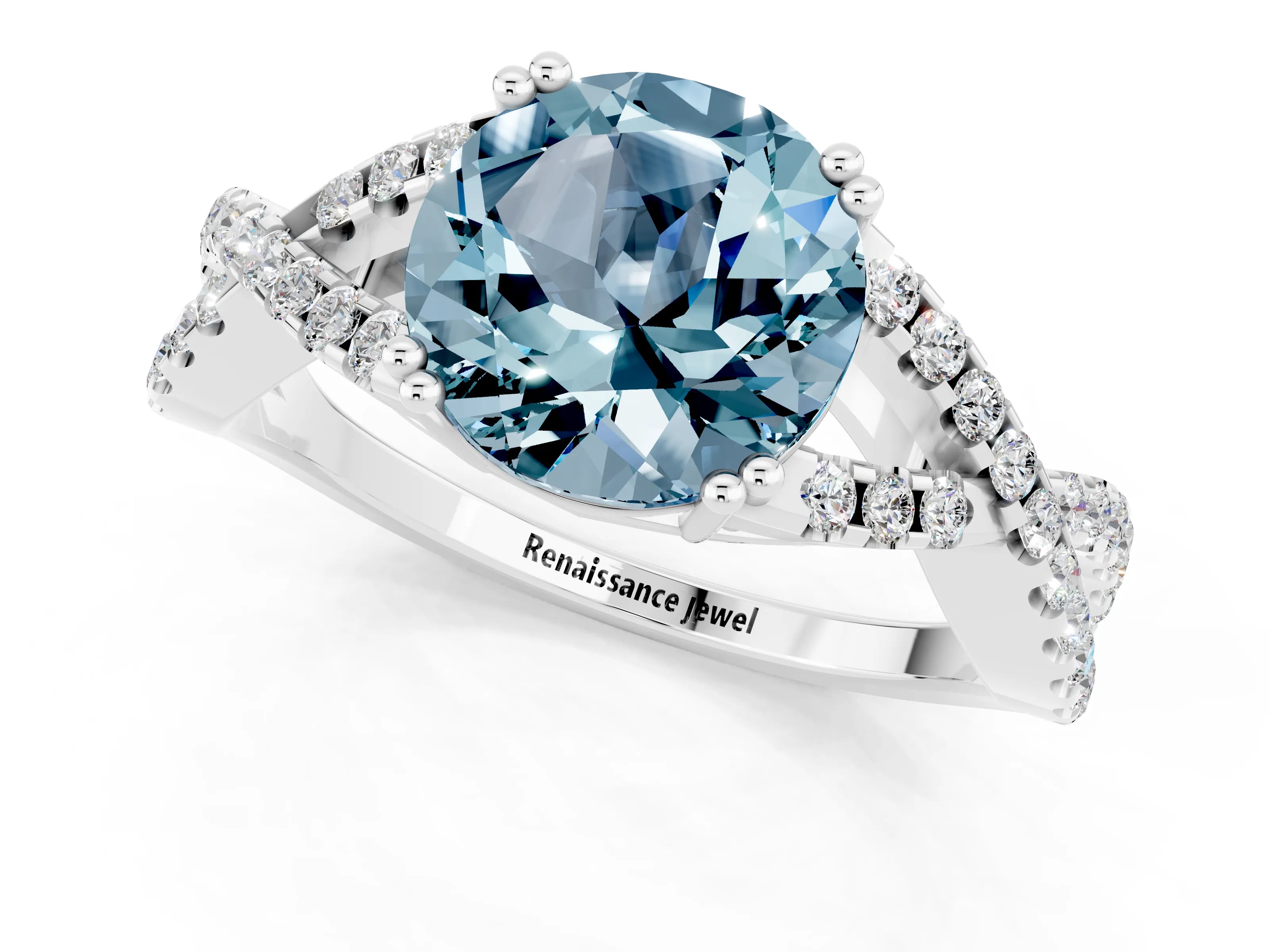 White gold Round Cut Aquamarine Solitaire Ring with Four-Prong Setting and Twisted Pavé Band_1