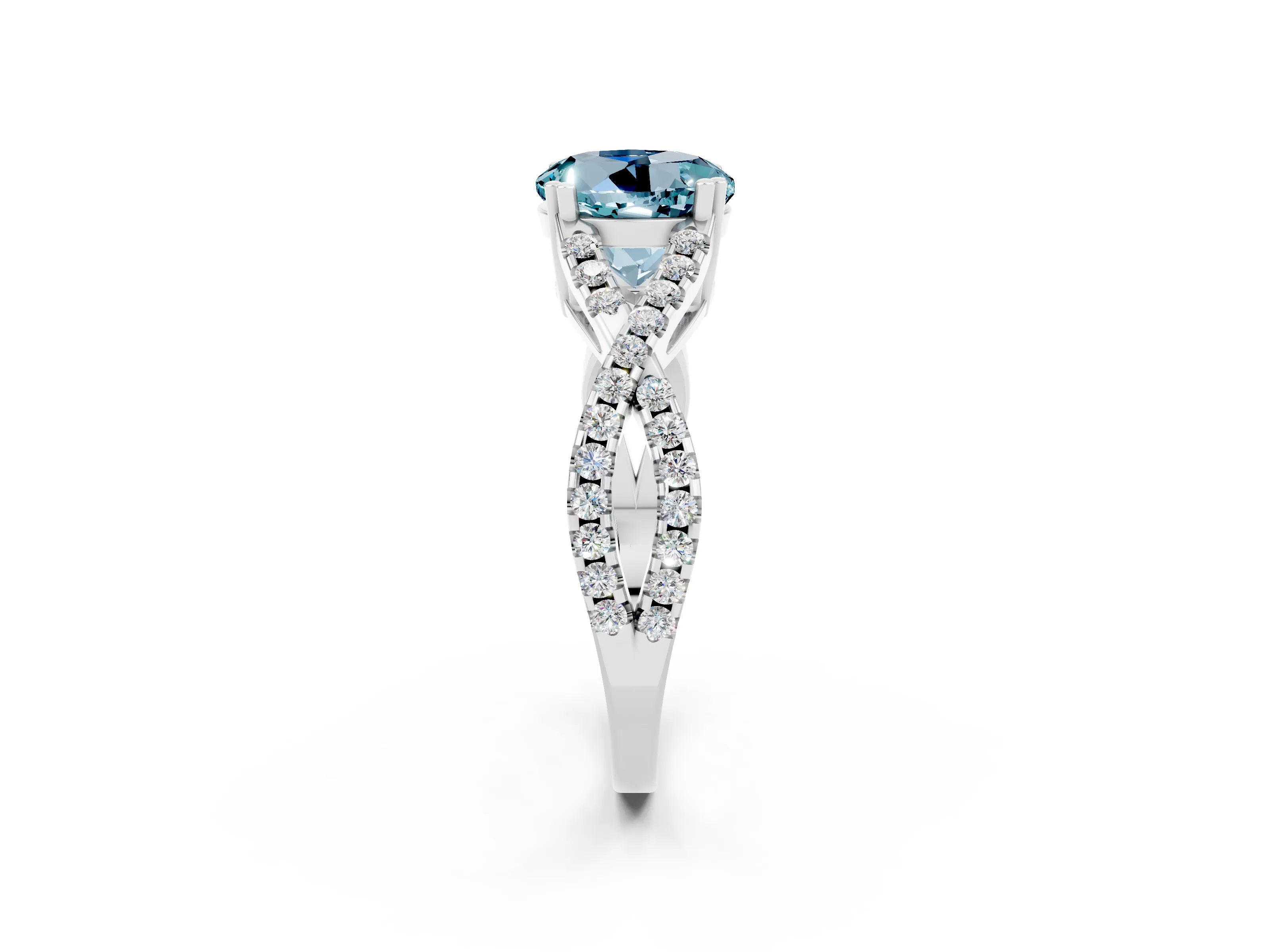 White gold Round Cut Aquamarine Solitaire Ring with Four-Prong Setting and Twisted Pavé Band_2