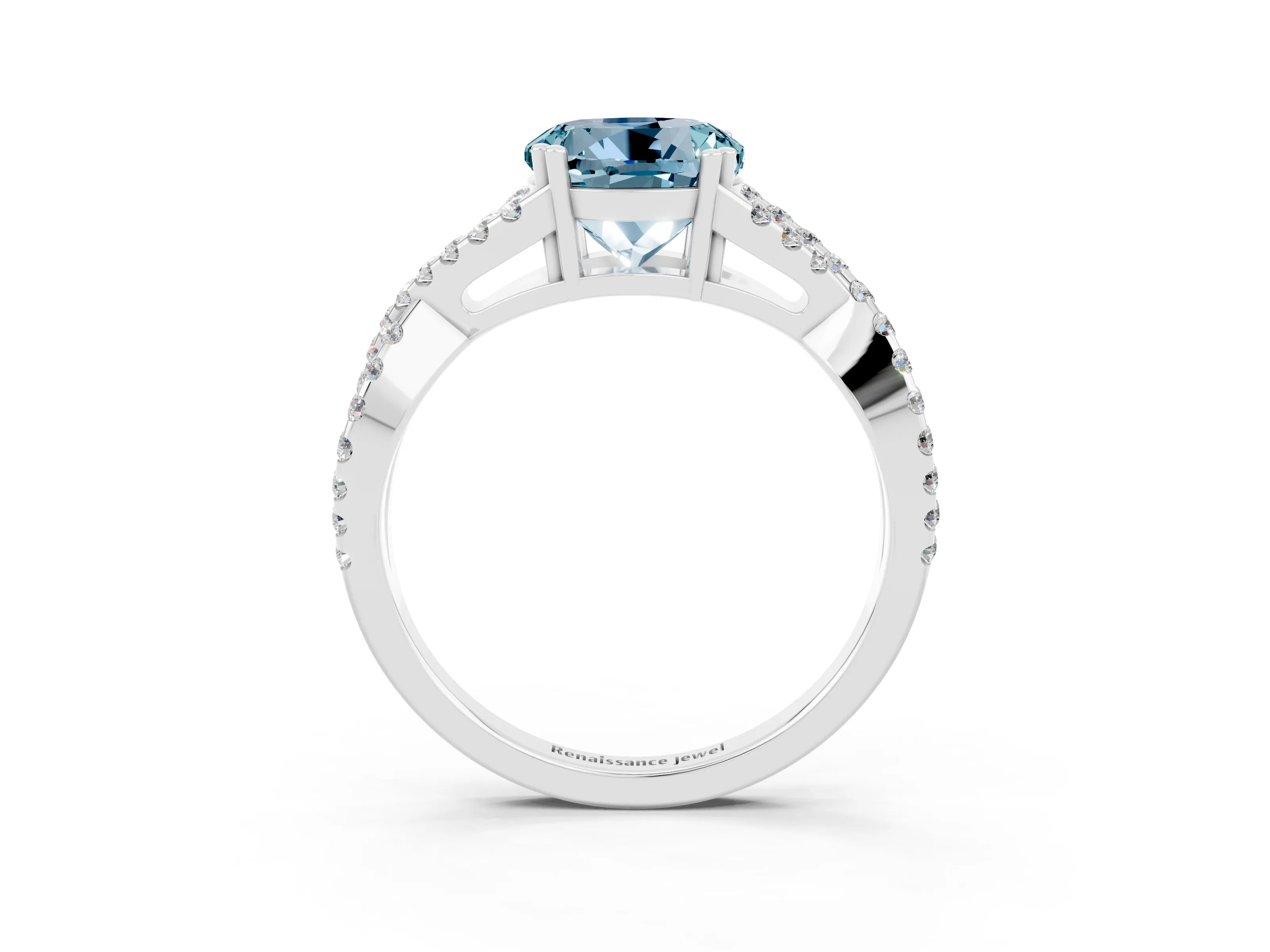 White gold Round Cut Aquamarine Solitaire Ring with Four-Prong Setting and Twisted Pavé Band_3