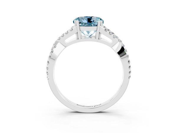 Silver Round Cut Aquamarine Solitaire Ring with Four-Prong Setting and Twisted Pavé Band