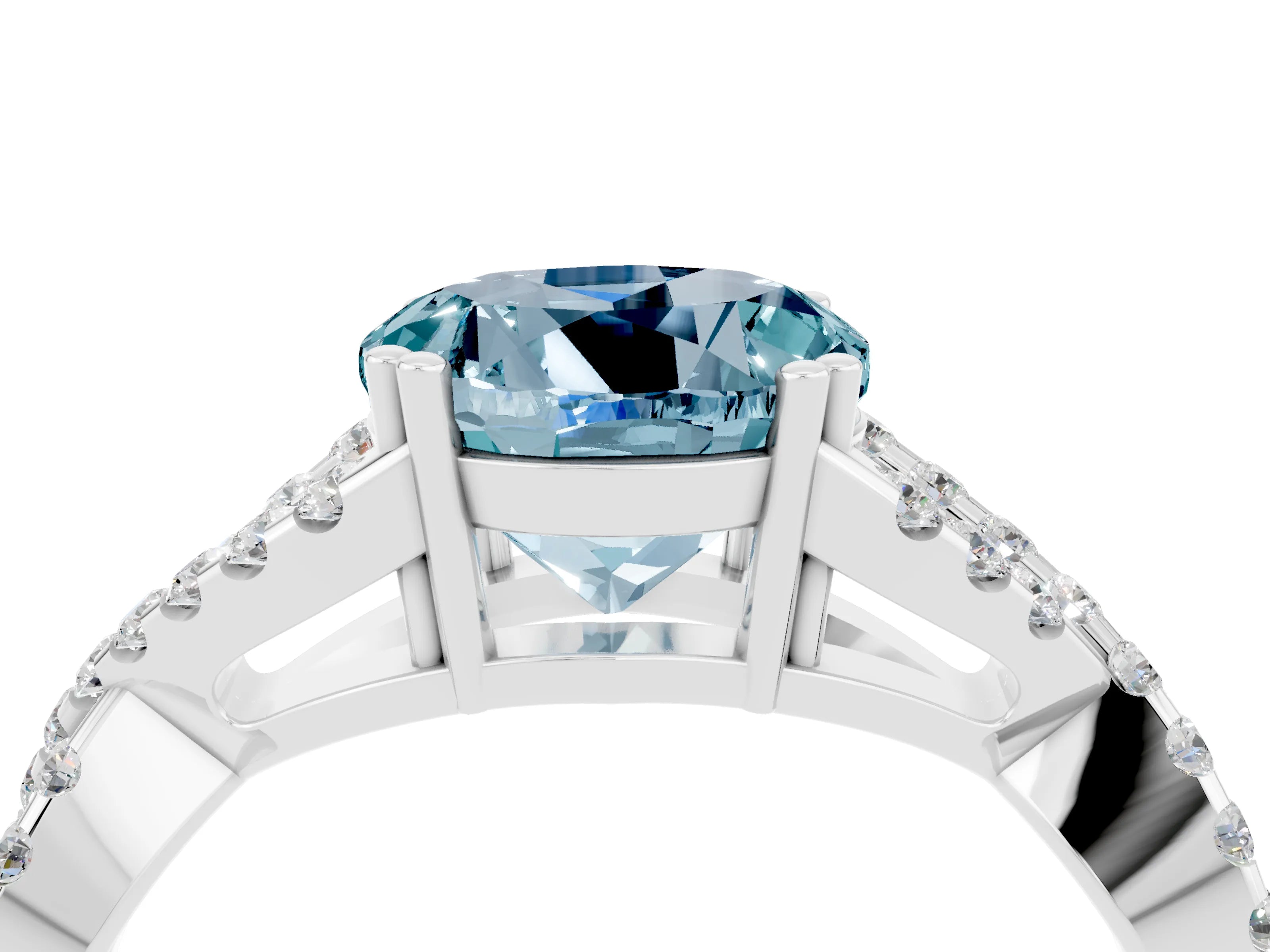 White gold Round Cut Aquamarine Solitaire Ring with Four-Prong Setting and Twisted Pavé Band_4