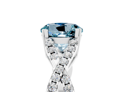 White gold Round Cut Aquamarine Solitaire Ring with Four-Prong Setting and Twisted Pavé Band_5