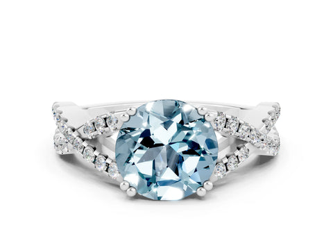 White gold Round Cut Aquamarine Solitaire Ring with Four-Prong Setting and Twisted Pavé Band