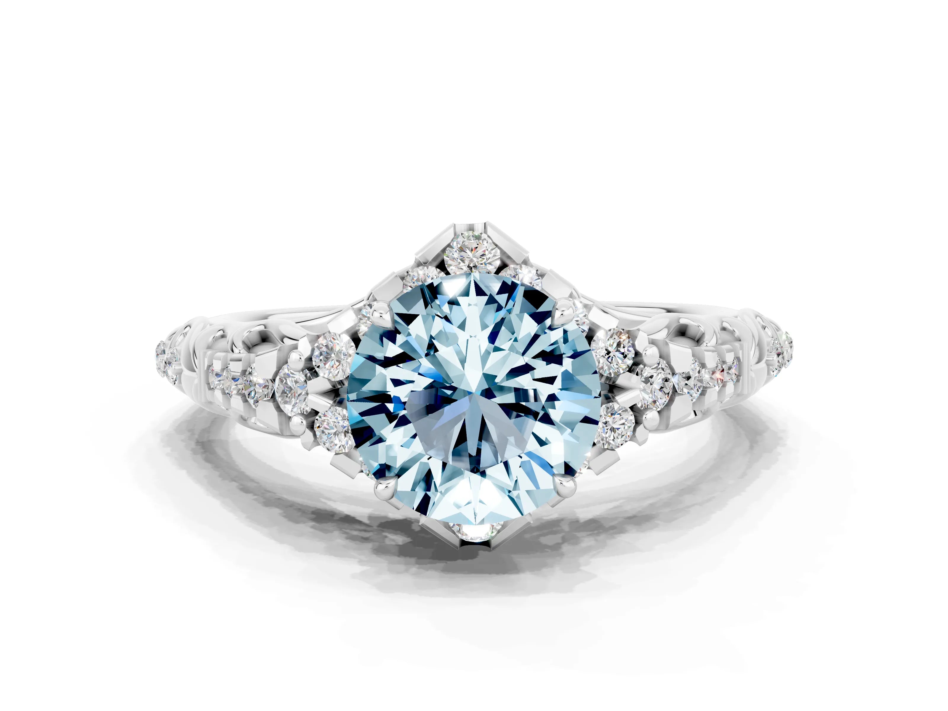 White gold Round Cut Aquamarine Solitaire Ring with Hidden Halo and Pavé Band_12