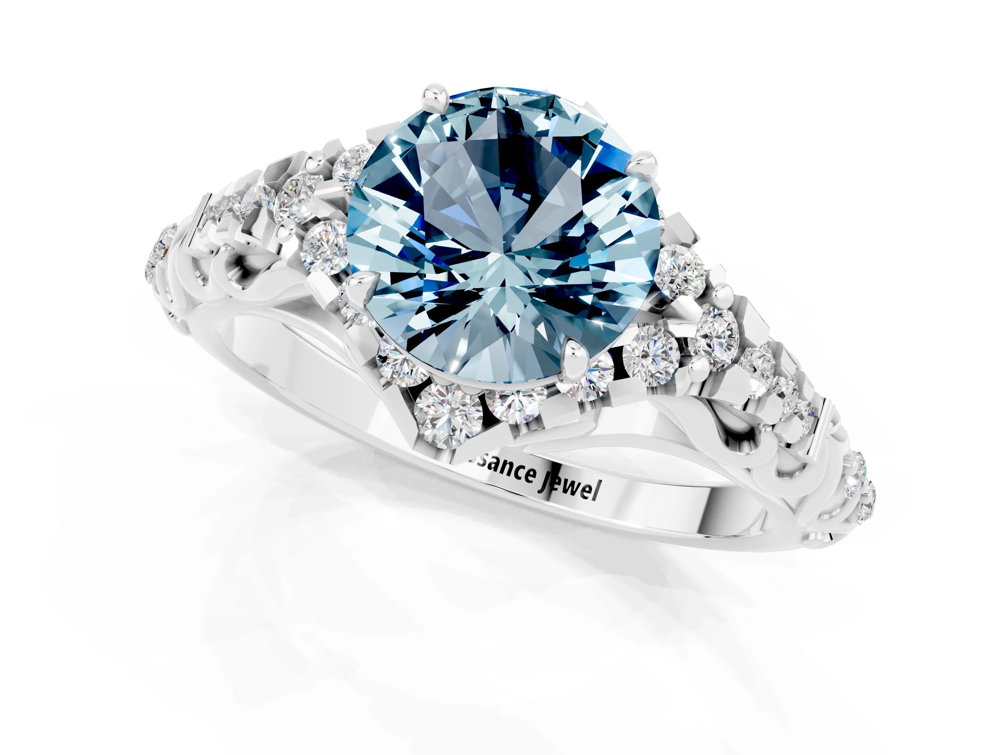 White gold Round Cut Aquamarine Solitaire Ring with Hidden Halo and Pavé Band_13