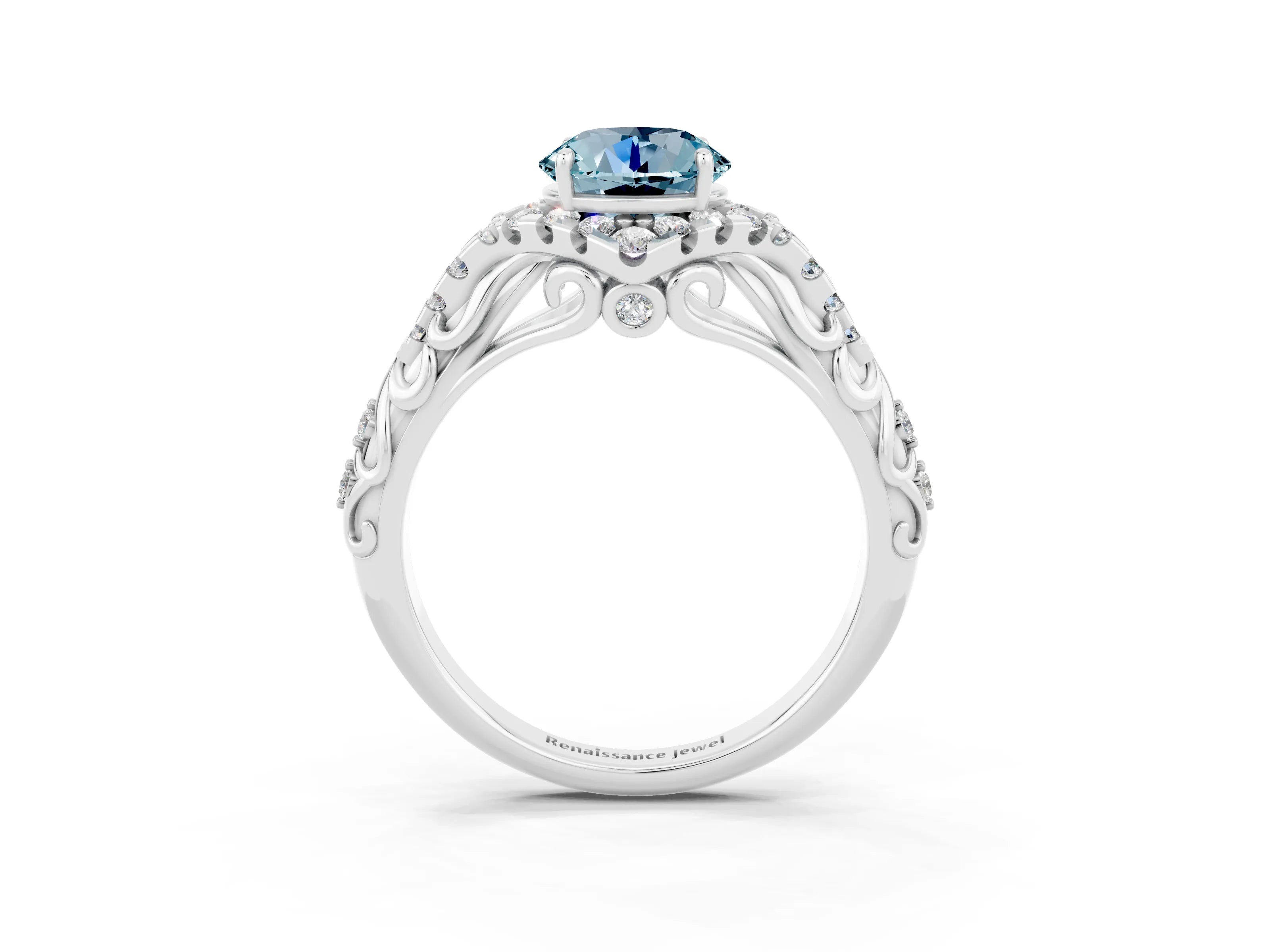 White gold Round Cut Aquamarine Solitaire Ring with Hidden Halo and Pavé Band_15